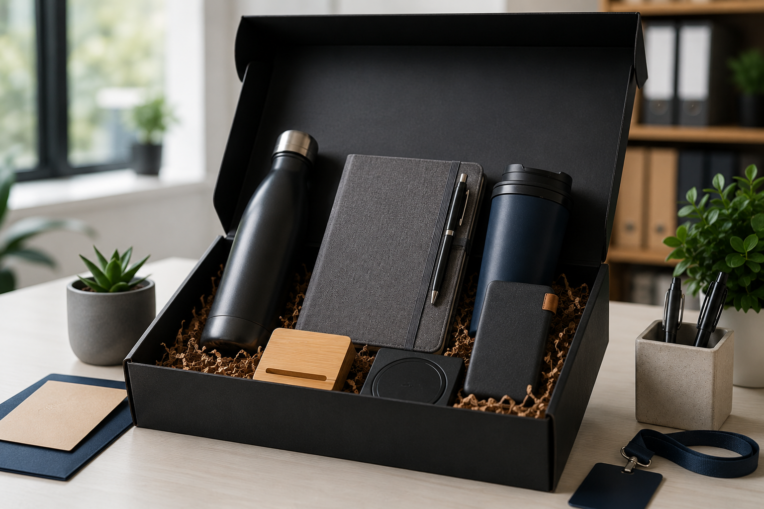 Black onboarding kit for employees with water bottle, notebook, tumbler, and desk accessories