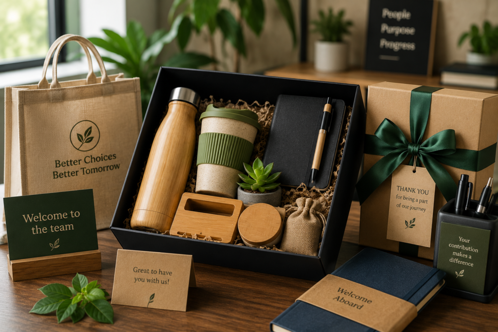 Eco-friendly corporate welcome kit with bamboo bottle, jute bag, and welcome cards
