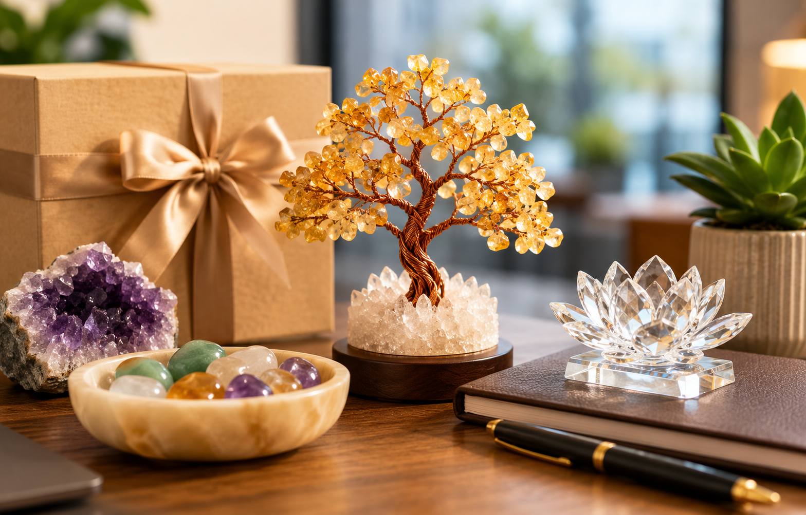 Elegant corporate gifting arrangement featuring crystal tree, healing crystals, and Vastu-inspired home décor on a modern office desk.