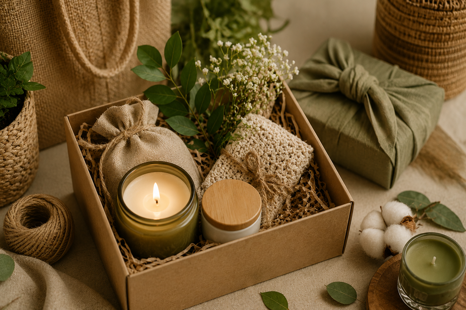 Eco-friendly corporate gift hamper featuring a soy candle, reusable packaging, natural fabric wraps, and sustainable gifting essentials.
