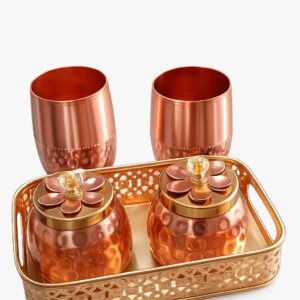 Pure copper jar and half hammer glass set With Tray
