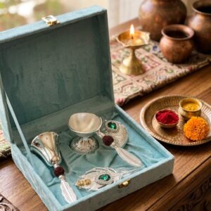 Beautiful silver finish pooja product set