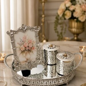 Beautiful Silver Finish Tray with photoframe & jar