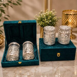 Silver Finish Glass Jar with Iron Jali Work