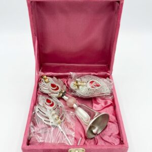 Silver Finish chopda with peackock feather , Ghanti and Haldi kumkum Dabbi