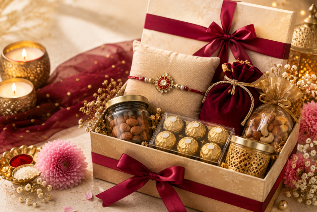 Luxury rakhi hamper with rakhi, almonds, cashews, Ferrero Rocher chocolates and dry fruits in a gold gift box